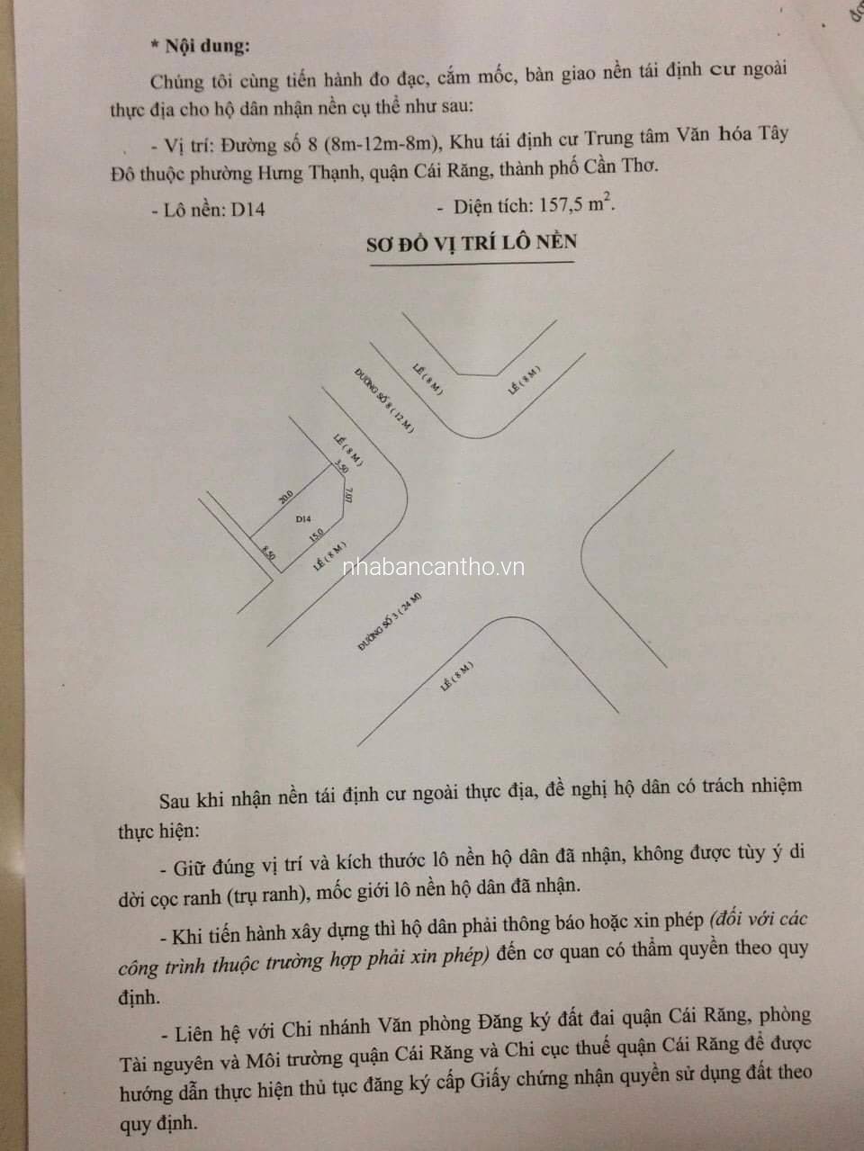 BÁN NỀN GÓC VỊ TRÍ ĐẸP ĐƯỜNG SỐ 3 VÀ ĐƯỜNG SỐ 8 KDC VĂN HOÁ TÂY ĐÔ